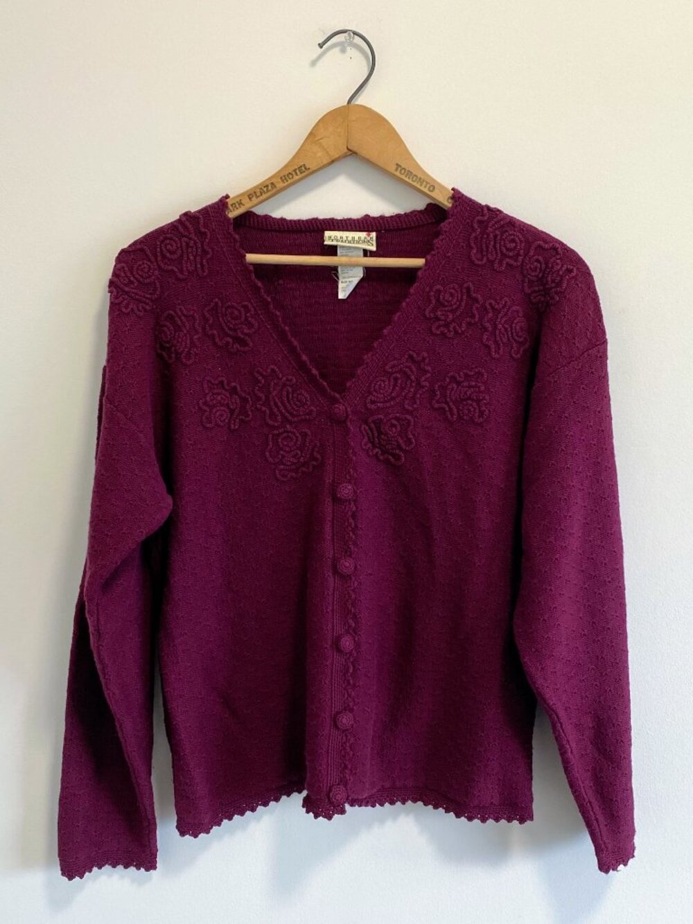 Vintage Maroon Pointelle Cardigan / 90s / 100% Cotton